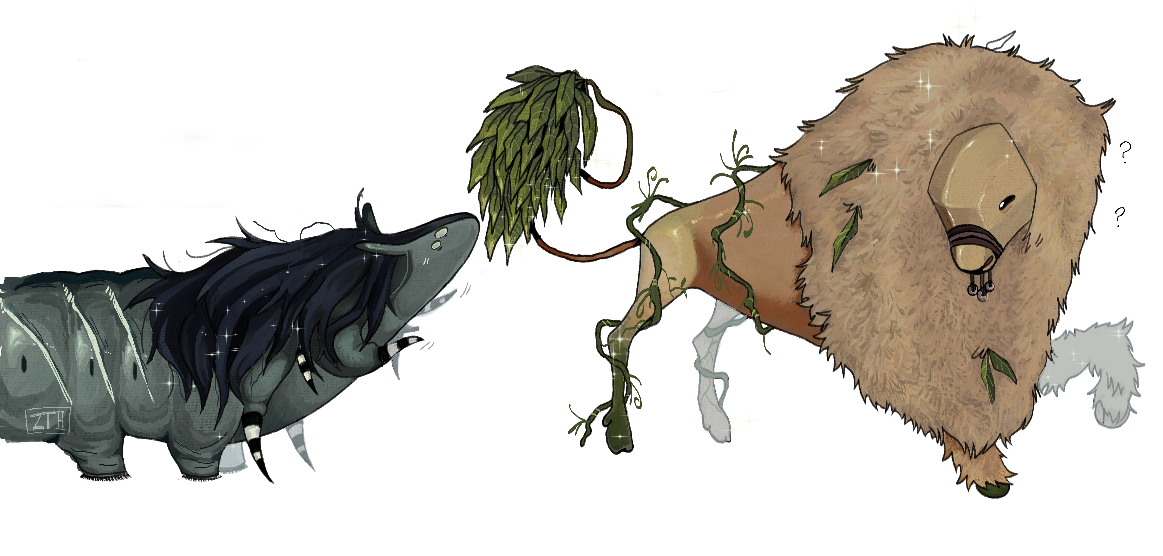 A caterpillar-like creature sniffs at Mango Boy's tail. He looks at it in confusion.